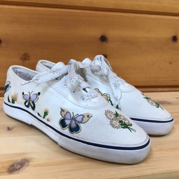 Vintage G.WIZ Lace Up Embroidered Flower Butterflies Flats (KEDS style) 7.5 - Picture 2 of 13